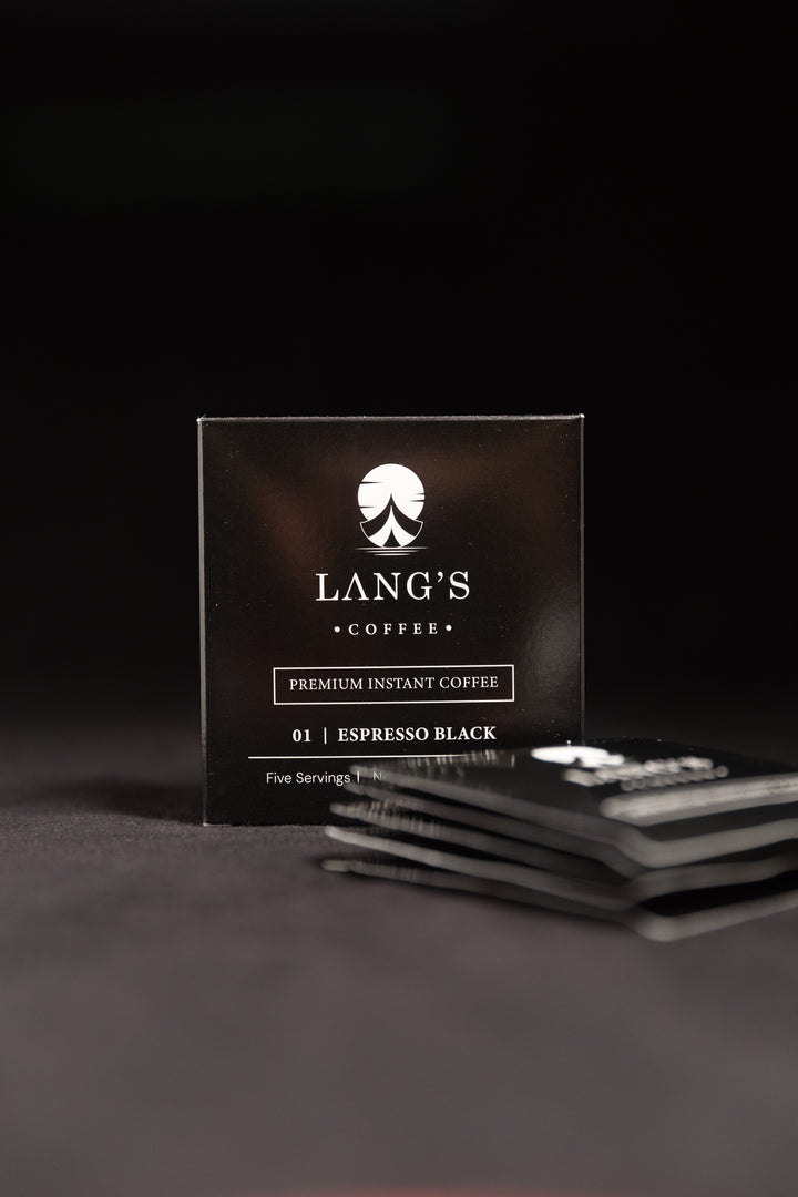 Box of Lang's Coffee Espresso Black on a dark background