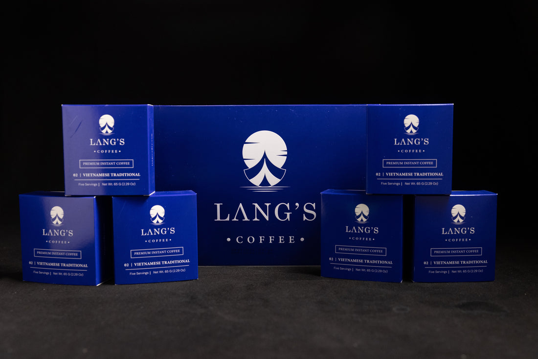 Collection of Lang's Coffee packages on a dark background